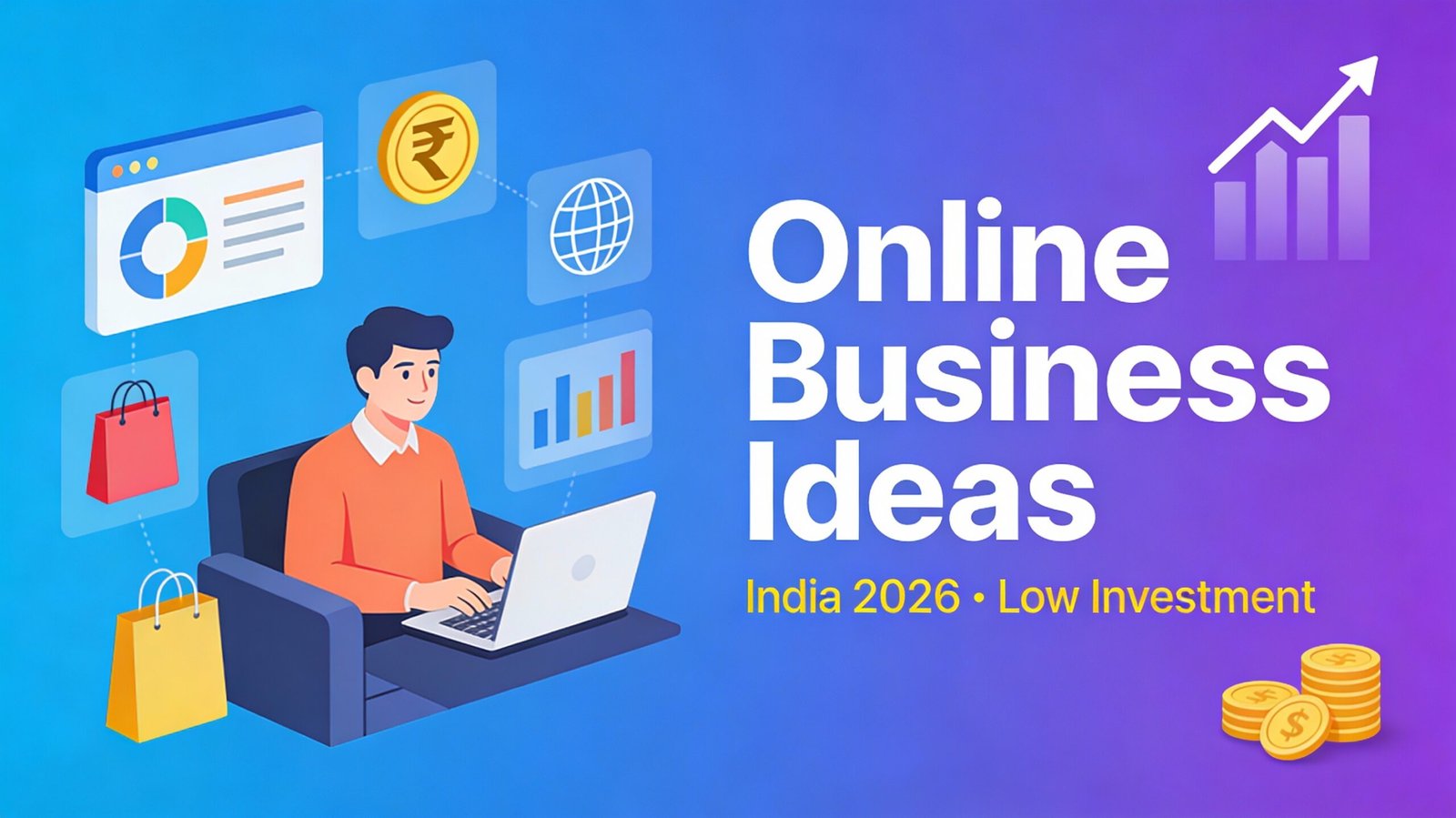 illustration showing best online business ideas in India for 2026 with low investment